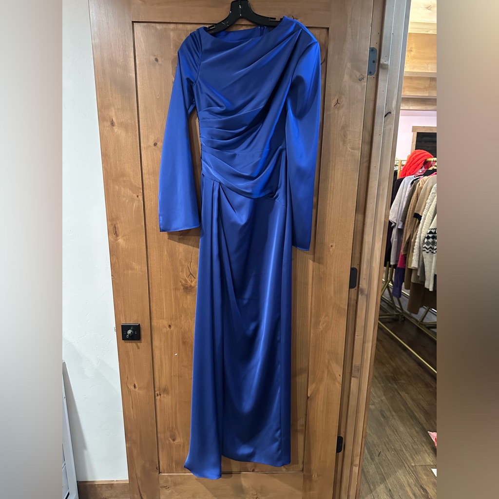Theia Sapphire Blue Long Sleeve Draped Maxi Dress